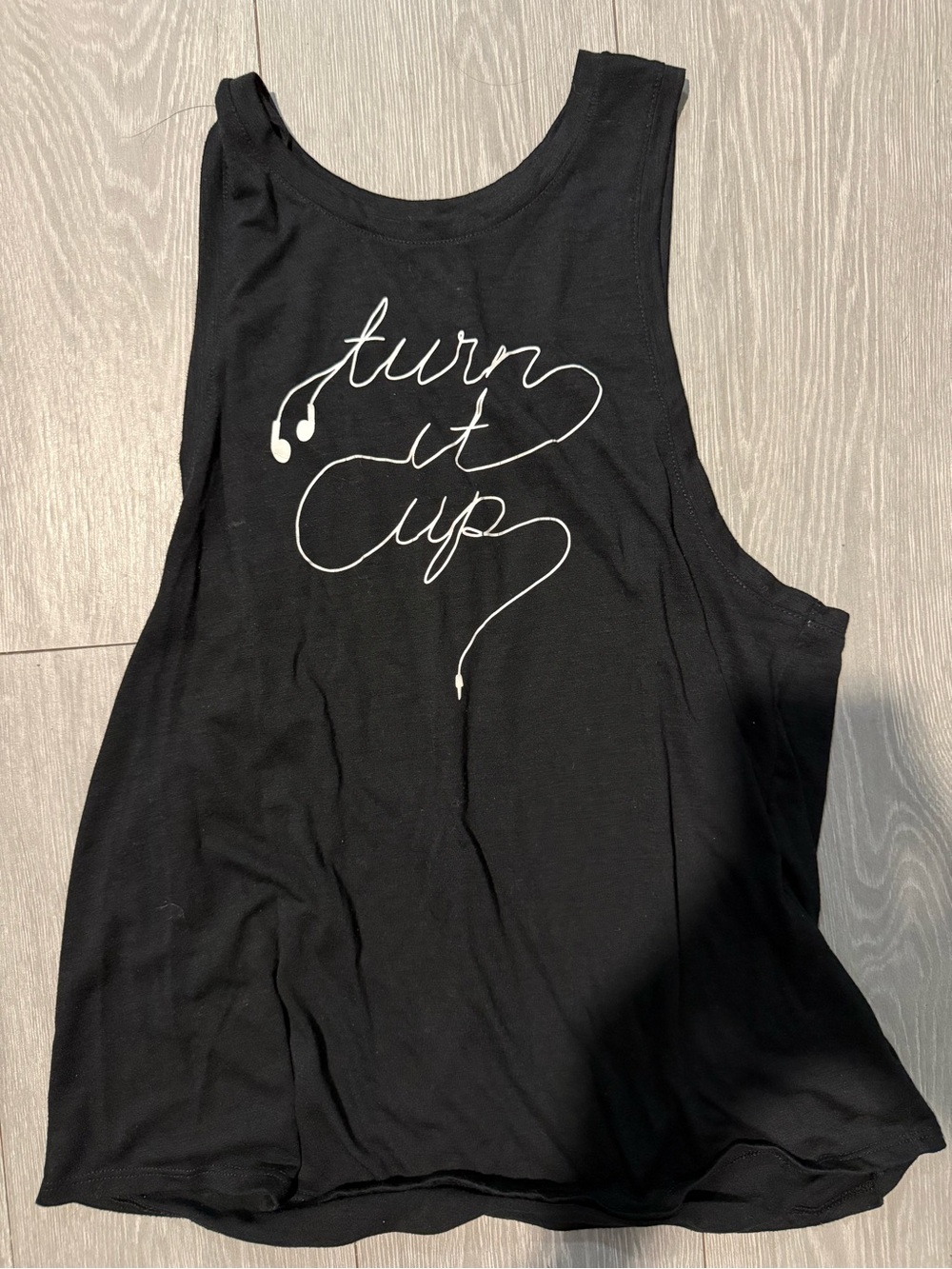 Old Navy Black Tank Top with White Script and Earbud Graphic - Turn it Up